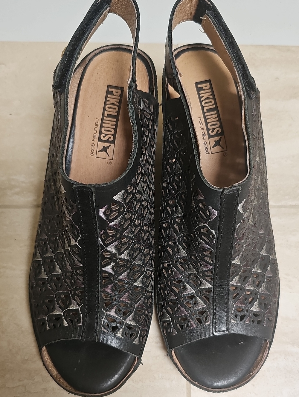 PIKOLINOS Black Laser-Cut Leather Peep-Toe Slingback Sandals 37
